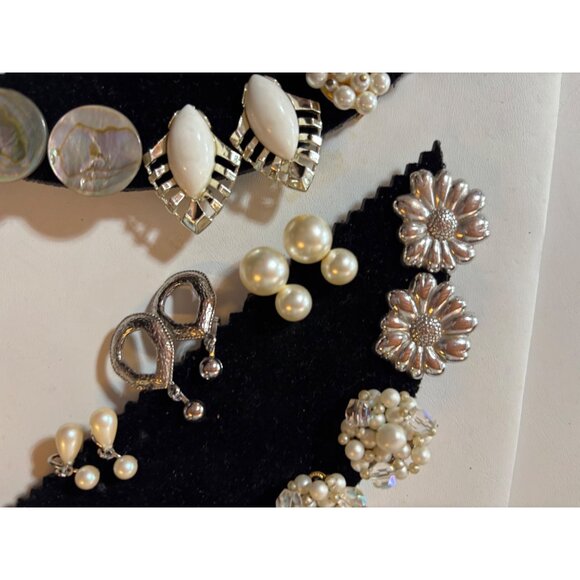 Vintage Assorted Clip-On Earrings Set - Pearl & Silver-Tone Designs Variety Of S - Picture 2 of 13